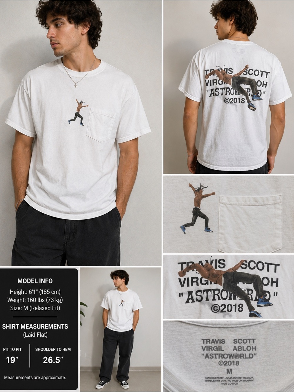 Travis Scott Virgil Abloh Astroworld 2018 Tour Pocket T Shirt Men's Medium White